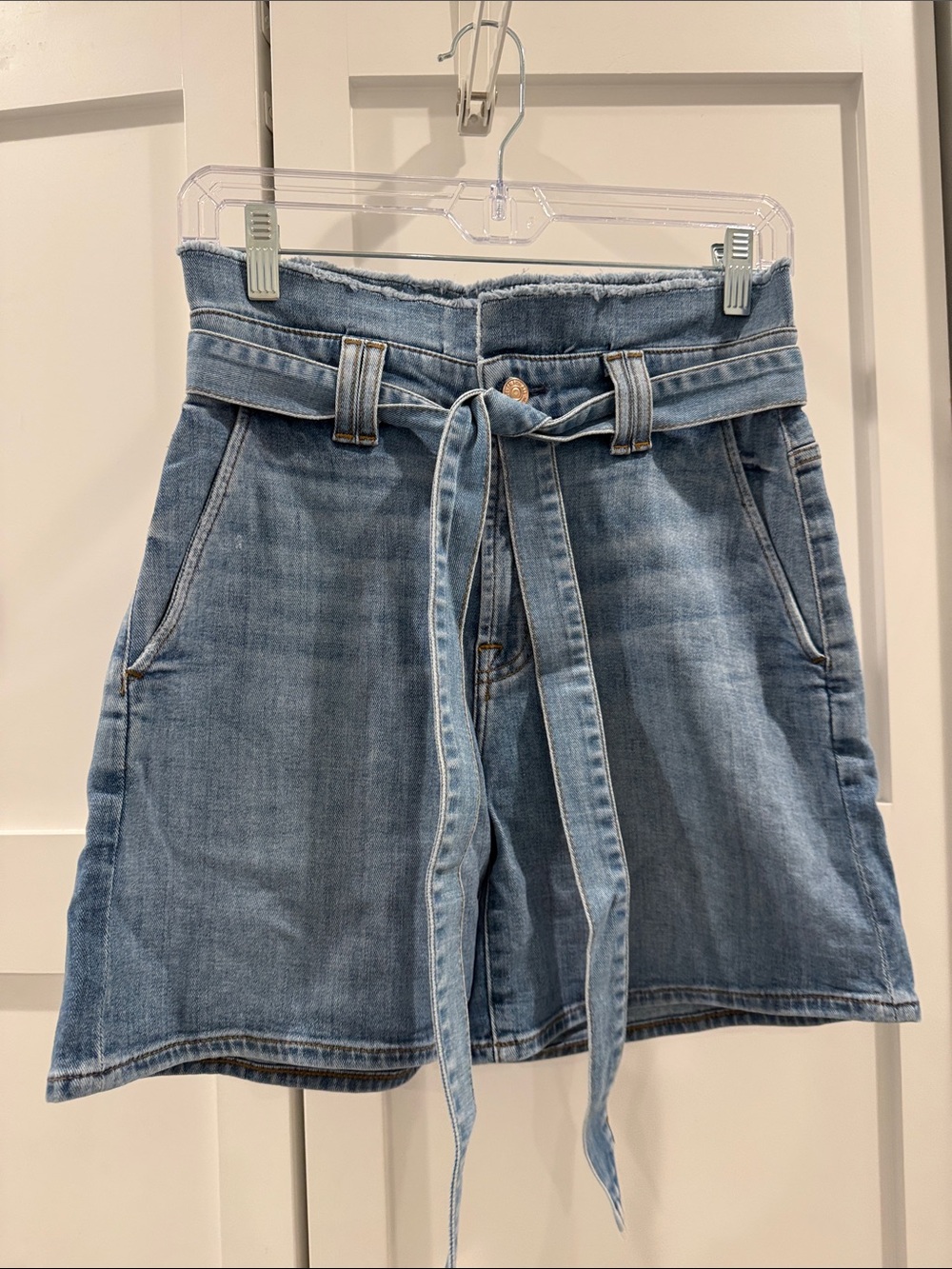 7 for all Mankind Denim Paperbag Tie-Waist Women's Shorts - Light Blue